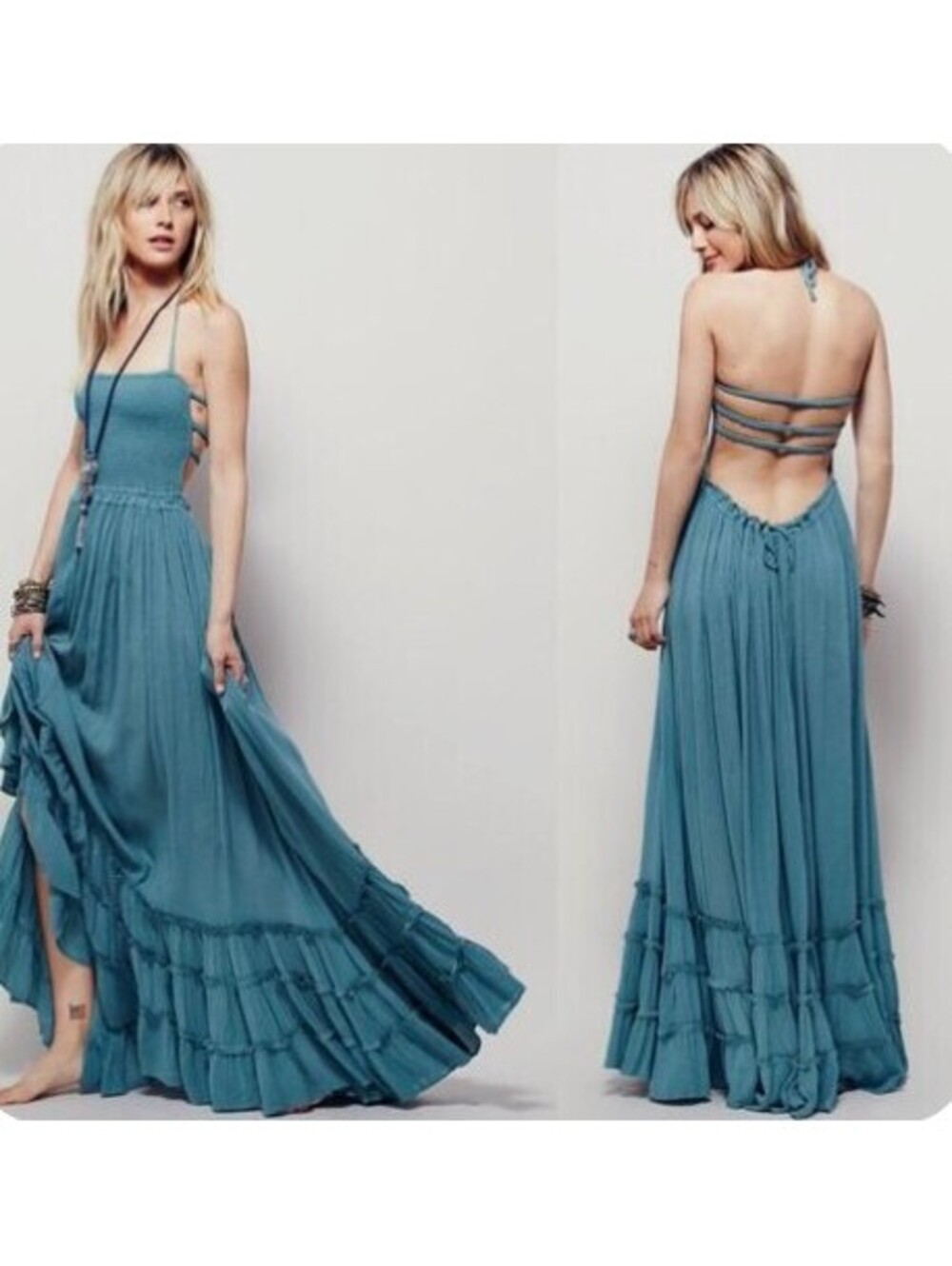 R.Vivimos Boho Cottagecore Blue Maxi Dress Sleeveless Ruffle Layered M